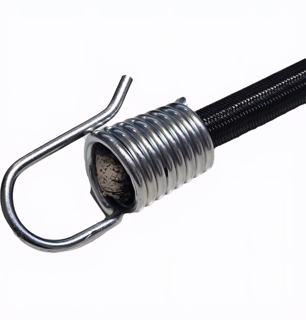 Technisches Spannsysteme bestehend aus Gummiseil in 12mm und einem Spiraldrahthaken aus Metall