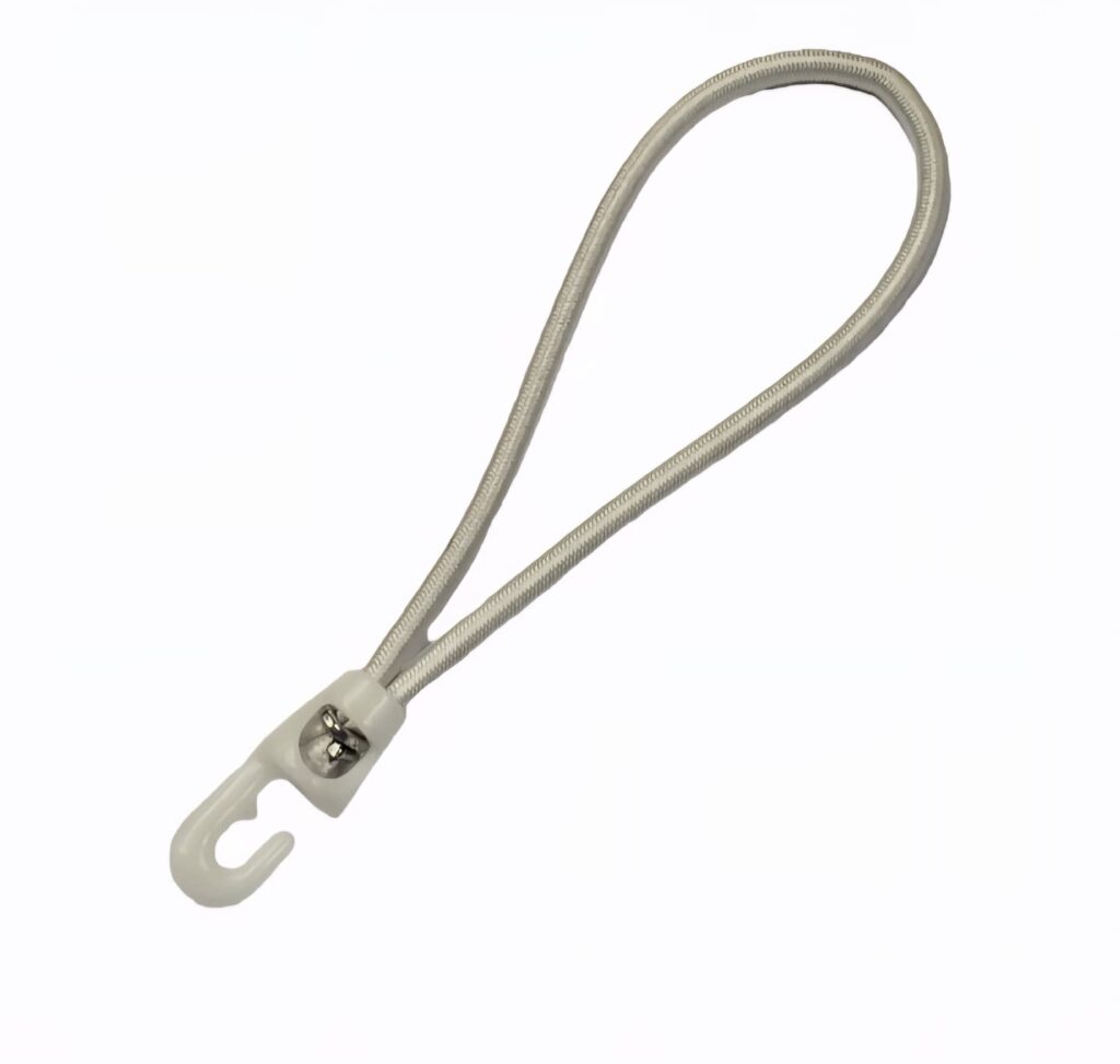 Weiße Expander-Schlaufe mit Kunststoffhaken und 7‑mm Seilöffnung – Befestigungslösung für Spannfixe und Rundgummis, Deuser Systems.