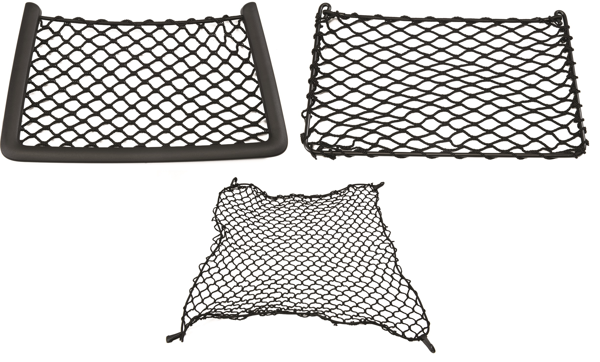 3 schwarze flexible Gepäcknetze in verschiedenen Formen auf weißem Hintergrund