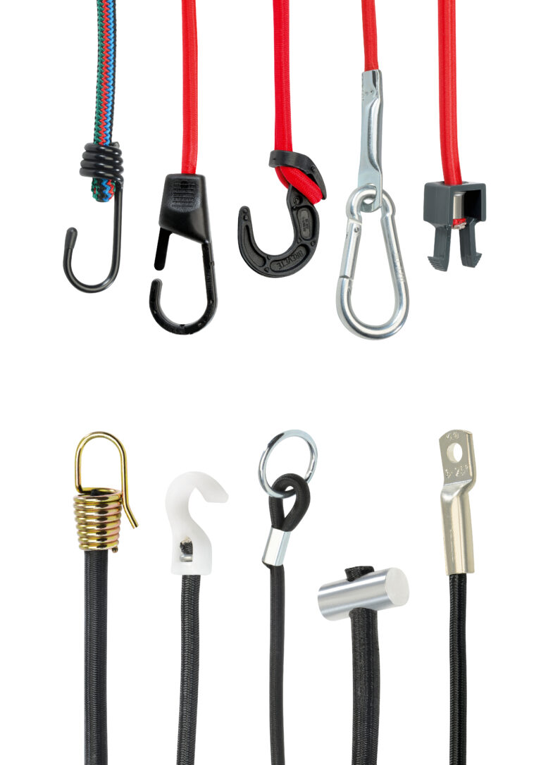Technische Spannsysteme mit Gummiseilen und verschiedenen Haken und Verbindungselementen